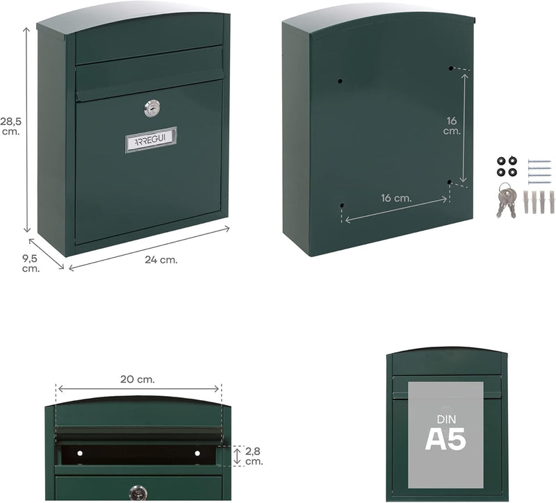 Arregui 1832D61 - Aussenbriefkasten aus kompaktem Stahl, Grösse S (DIN A5) - 28,5 x 24 x 9,5 cm Grün