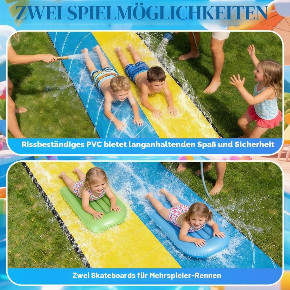 Wasserrutsche Garten für Kinder, 15.7ft/480cm Wasserrutschbahn mit 2 Bodyboards, Doppelte Rutschbahn