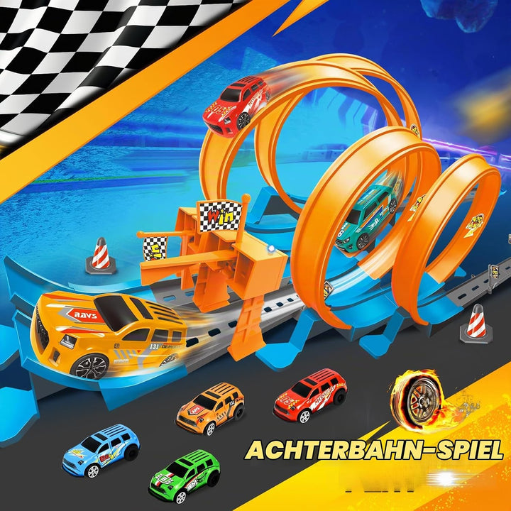 Ulikey Autorennbahn Kinder, Spielzeugauto Trackset mit Licht und Sound, Auto Rennbahn Spielzeug mit