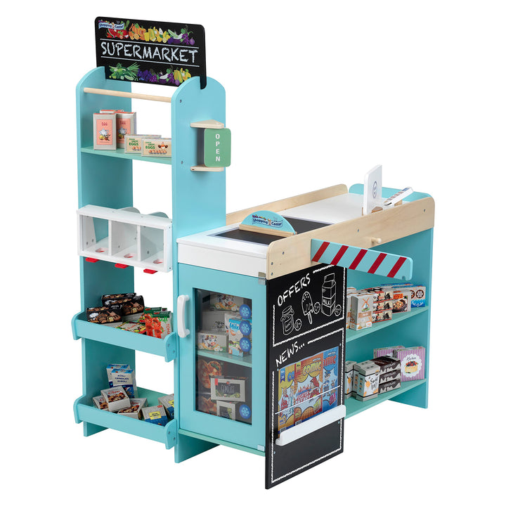 Theo Klein 9391 Supermarkt, Holz (MDF) I Moderner Kaufmannsladen inkl. Kasse, Schranke, Kreidetafel