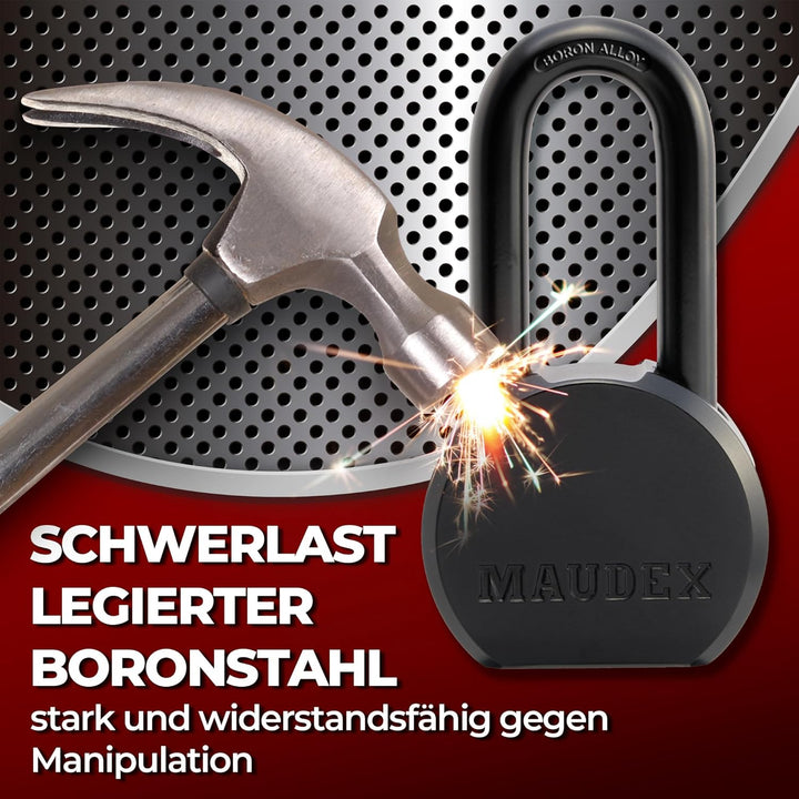 PME65 Heavy Duty Vorhängeschloss – Sicherheitsschloss mit Boron-Stahlbügel, wetterfest, 5 Messingsch