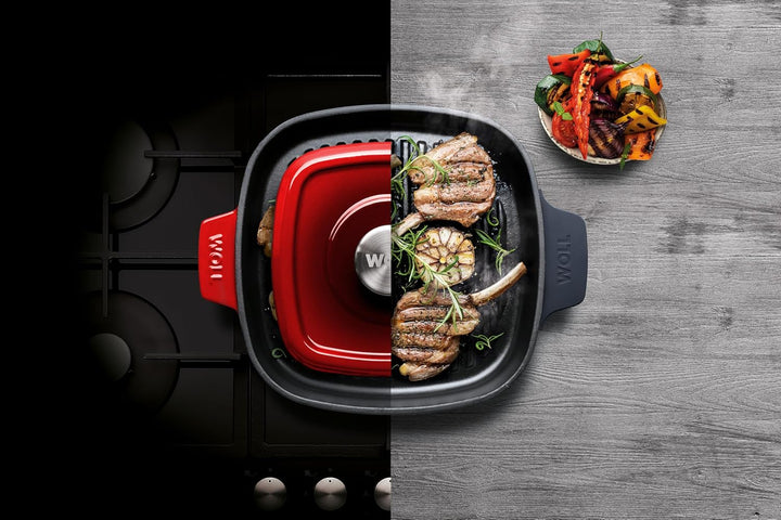 Woll Iron Grillpfanne viereckig mit Rillen, inkl. Steakpresse und Silikongriffen - Induktiv -, 24 x