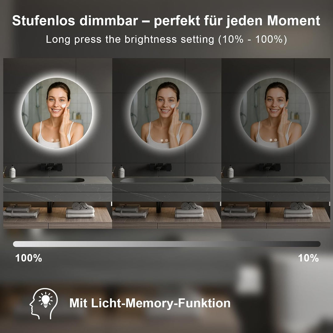 Trintion LED Spiegel Bad mit Beleuchtung 50 cm Rund – Touch-Schalter, Beschlagfrei, Dimmbar – Badezi