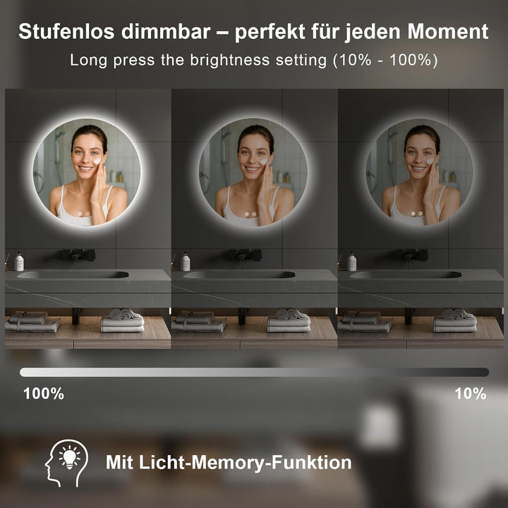 Trintion LED Spiegel Bad mit Beleuchtung 50 cm Rund – Touch-Schalter, Beschlagfrei, Dimmbar – Badezi