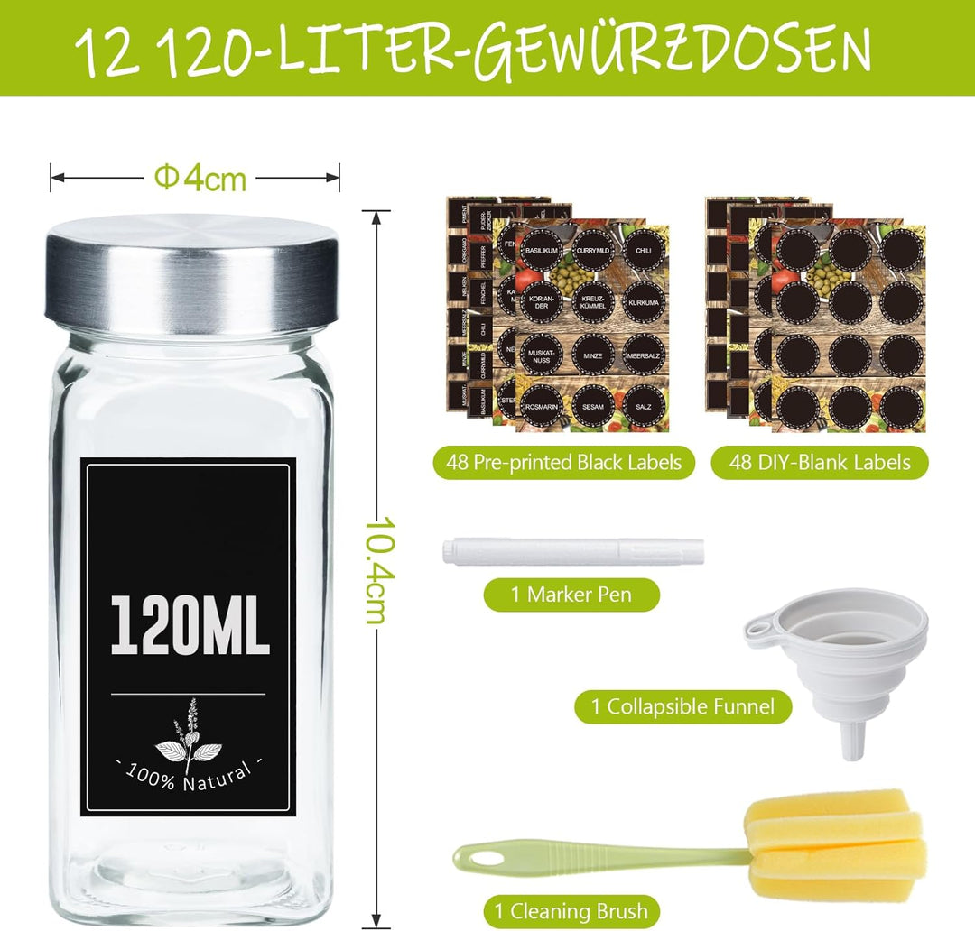 UISEBRT Gewürzgläser Eckig Set 12er Gewürzbehälter mit Etiketten Spice Jars Gewürzdosen Glas 120ML G
