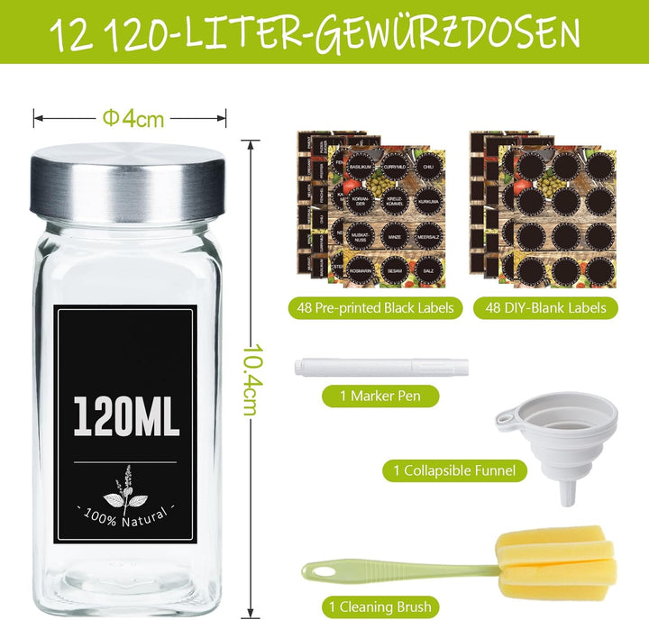 UISEBRT Gewürzgläser Eckig Set 12er Gewürzbehälter mit Etiketten Spice Jars Gewürzdosen Glas 120ML G