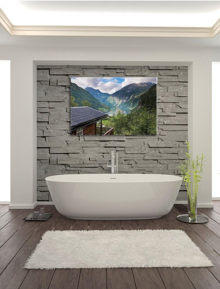 Pixxprint Hütte in schöner Umgebung Kunst Buntstift Effekt, Format: 100x70 auf Leinwand, riesige Bil