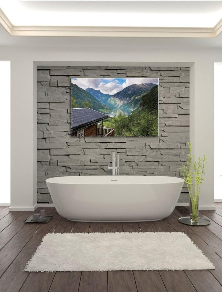 Pixxprint Hütte in schöner Umgebung Kunst Buntstift Effekt, Format: 100x70 auf Leinwand, riesige Bil