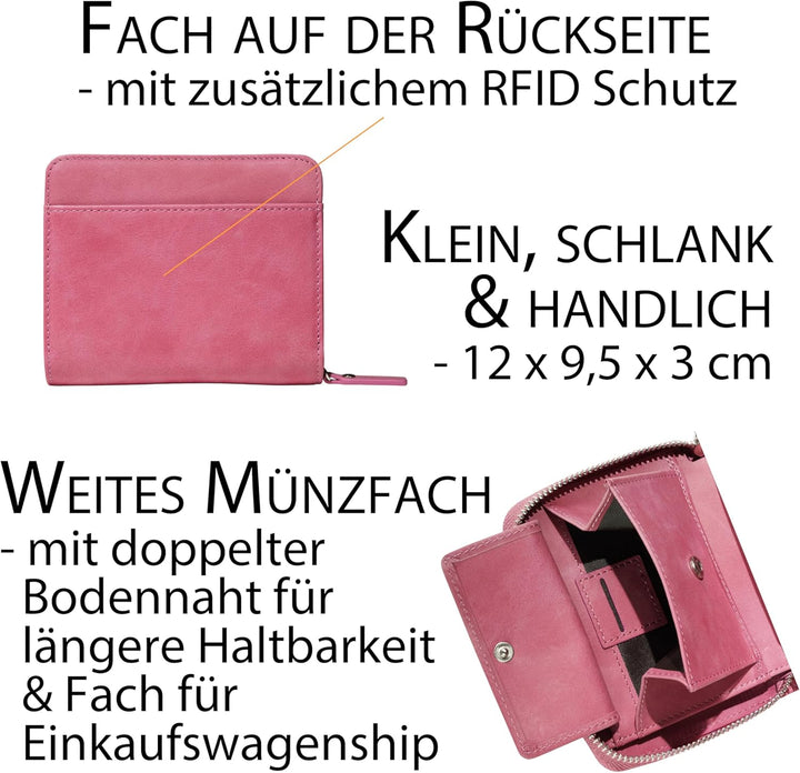 Damen Geldbörse pink, Oil-Wax-Leder, Reissverschluss, Münzfach, viele Fächer, RFID Schutz - Geldbörs