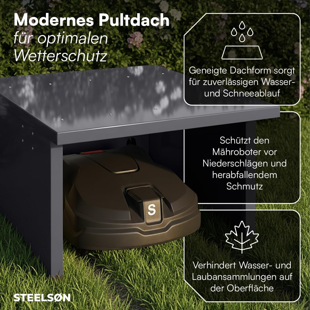 STEELSØN Drakon Mähroboter Garage aus Stahl - Mähroboterhaus mit Pultdach für Garten Witterungsbestä