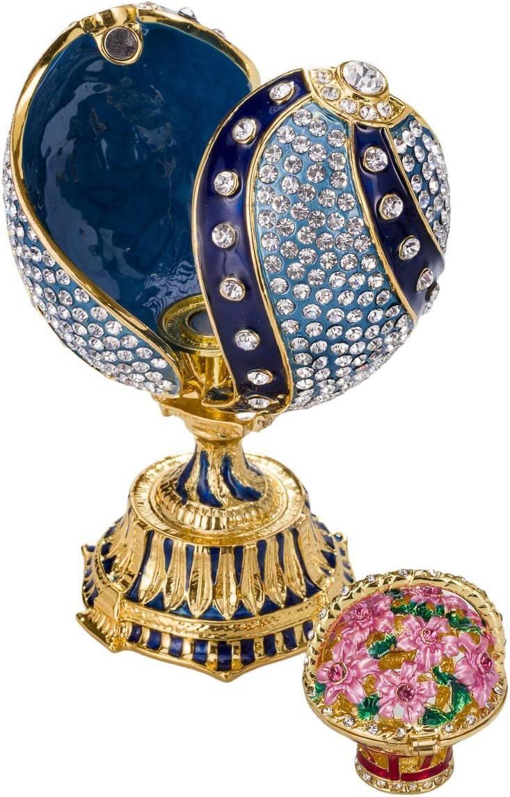 Danila-Souvenirs Fabergé-Stil verdrehtes Ei mit Korb der Blumen 12 cm blau