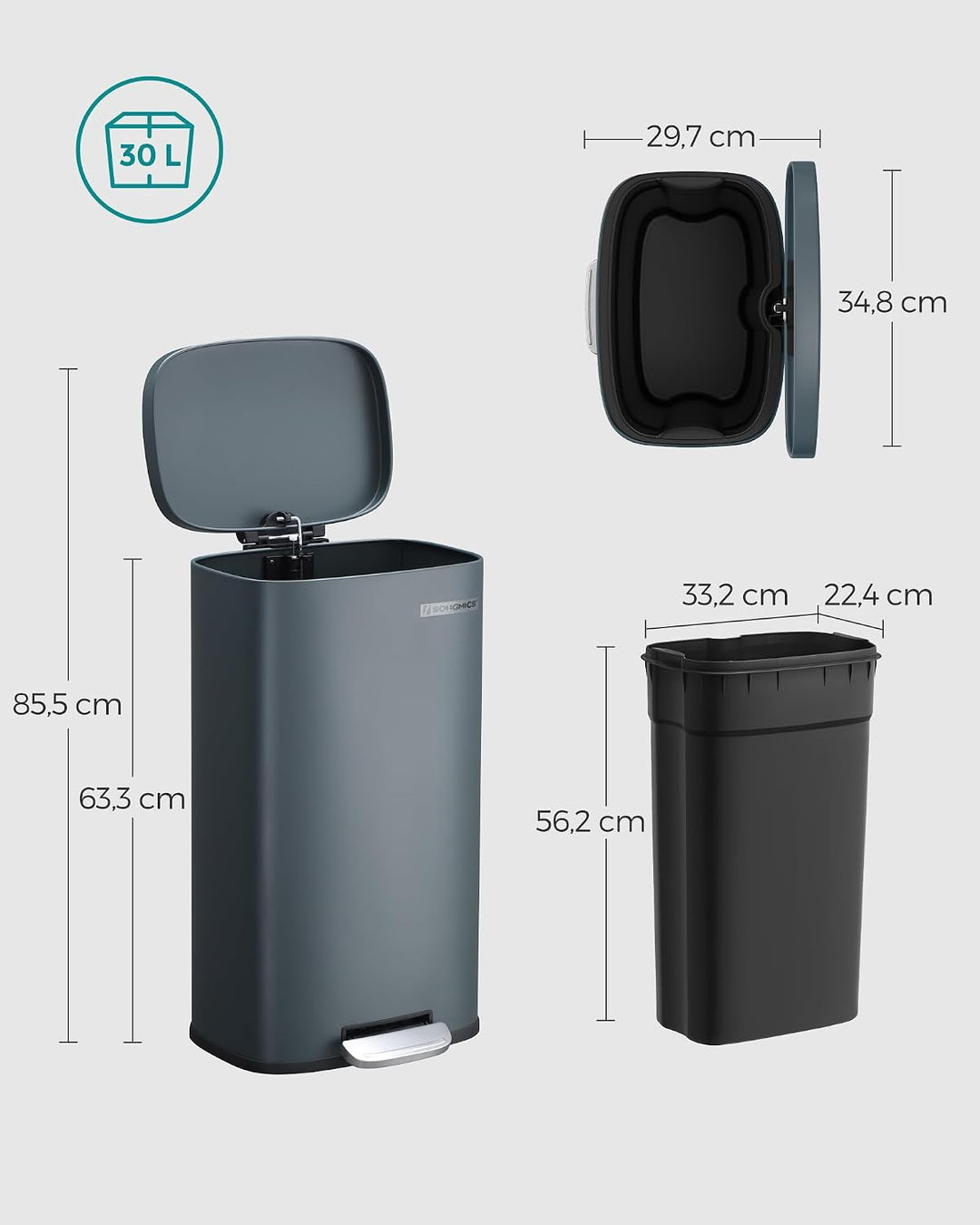 SONGMICS Mülleimer für die Küche, 30 L Abfalleimer mit Pedal, Treteimer mit Inneneimer aus Kunststof