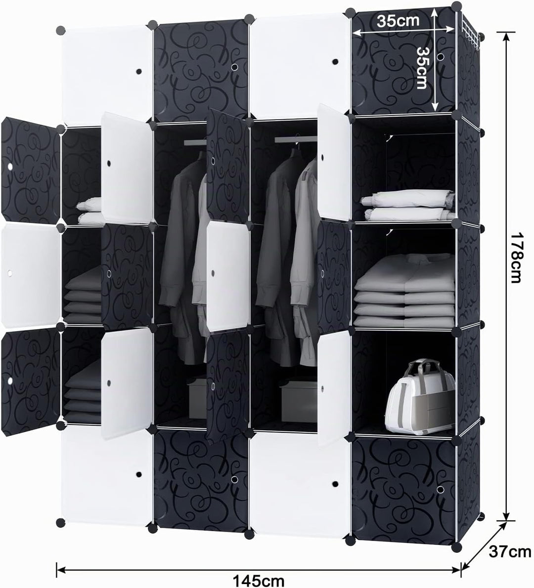 YUENFONG Kleiderschrank Regalsystem aus 20 Würfeln PP Material, Garderobenschrank mit Türen Tragbare