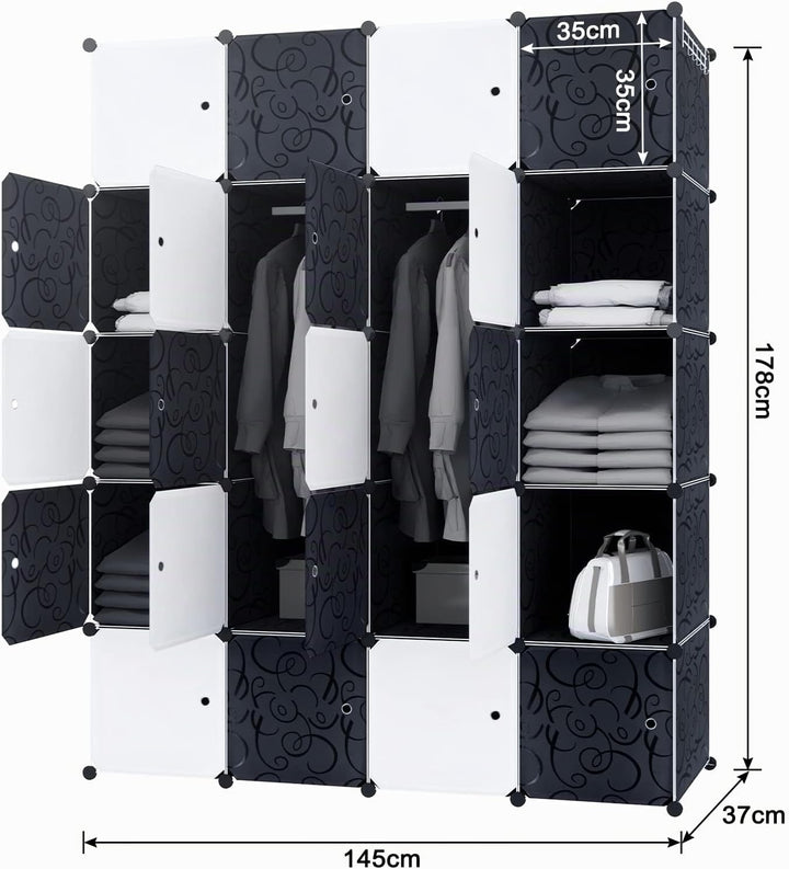 YUENFONG Kleiderschrank Regalsystem aus 20 Würfeln PP Material, Garderobenschrank mit Türen Tragbare