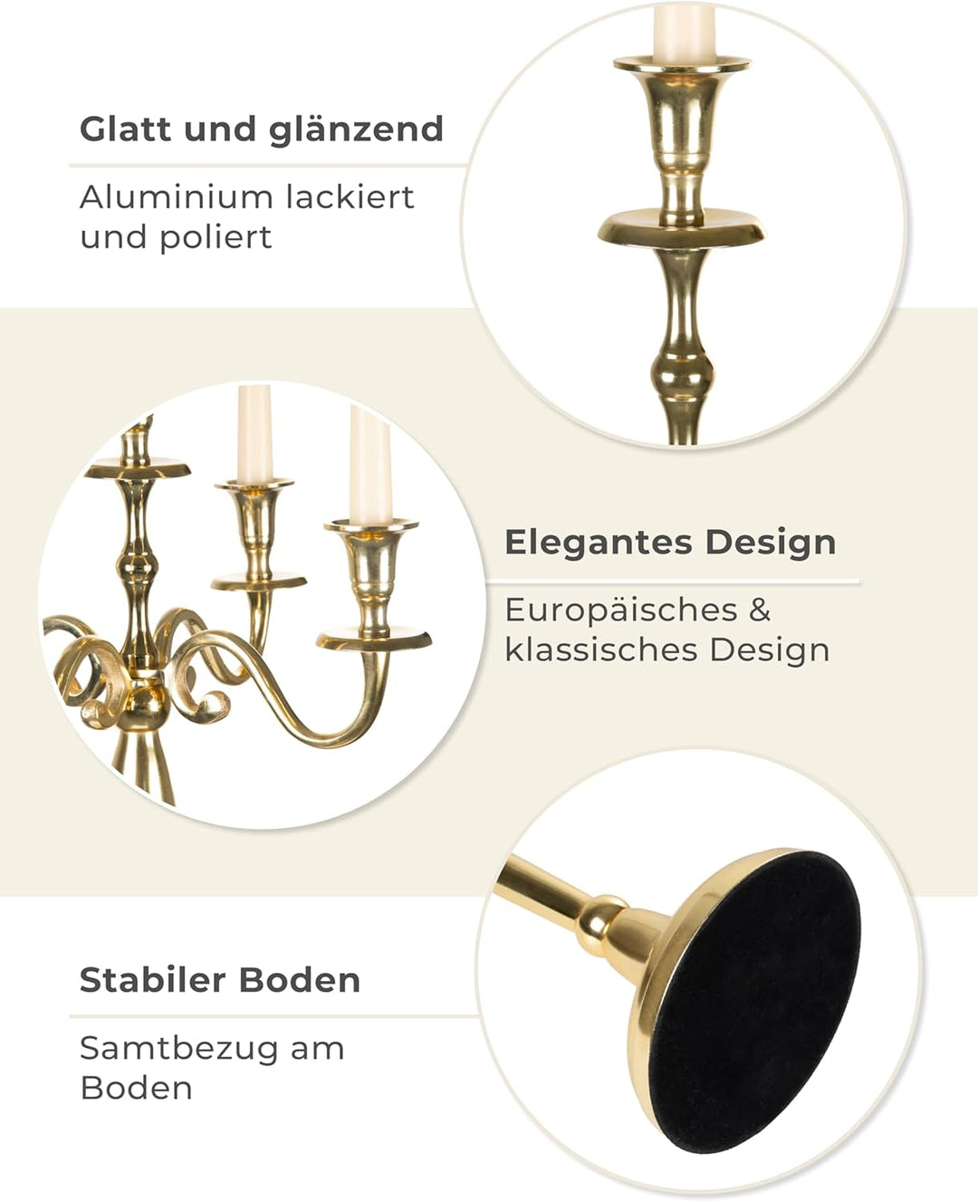 Gräfenstayn® Kerzenleuchter ALU 1, 3 oder 5-armig - 40/60/80cm - Silber, Schwarz, Weiss, Gold (Gold,