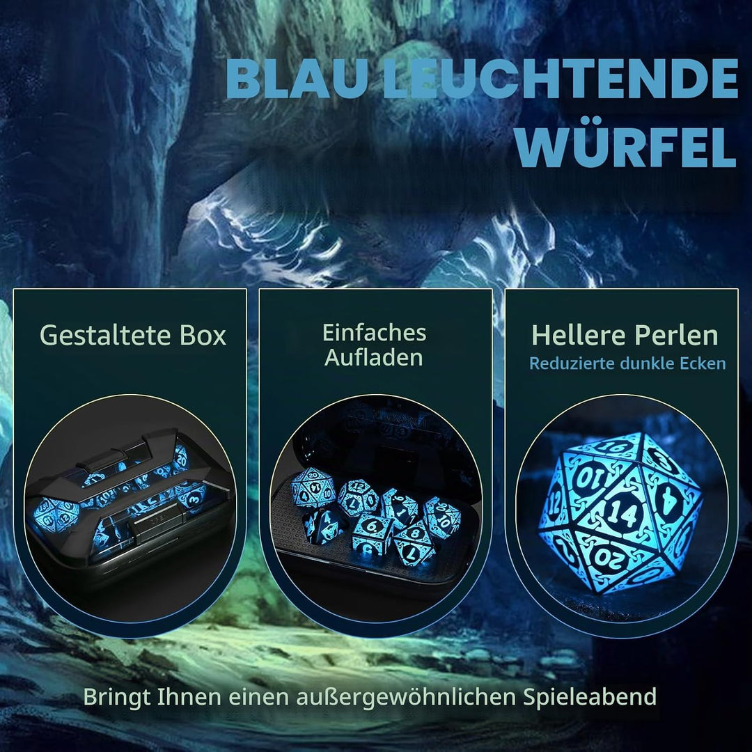 ZHOORQI DND Würfel Set, 7 Pcs LED Dice Wiederaufladbar mit Ladebox, Dungeons and Dragons Würfelset P