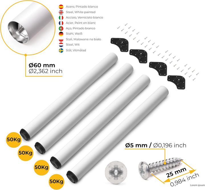 Emuca - Regulierbare Tischbeine Ø60x710mm, 4er Set aus Stahl, regulierbare Höhe 710-730mm, weiss Ø60