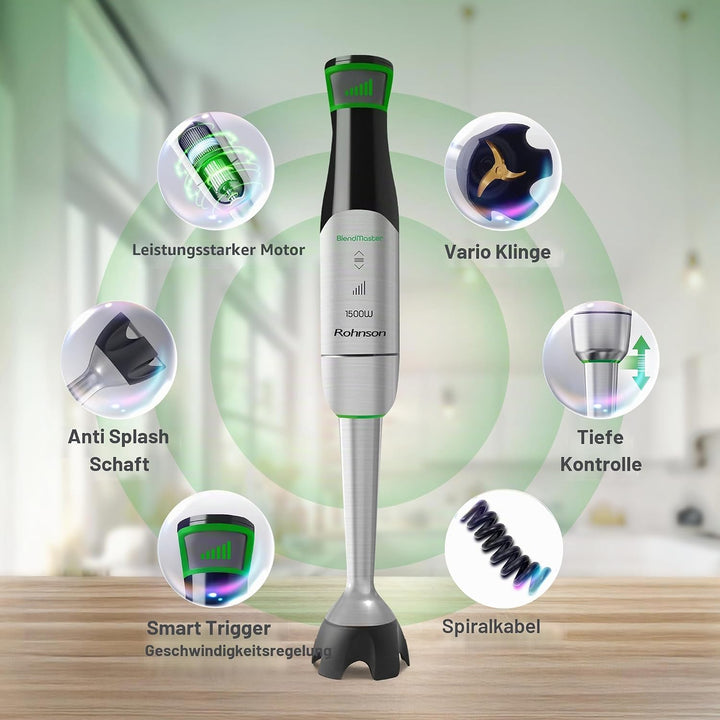 Rohnson BlendMaster R-5750 Stabmixer mit 1500 W, Vario-Blade-Technologie und Tiefenregelung, inklusi