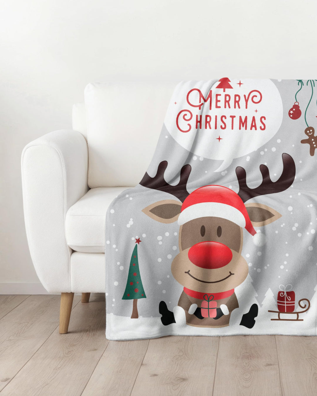 MTOnlinehandel Kuscheldecke flauschig 150x200 cm, Merry Christmas Wohndecke Rentiere Schnee Winter,