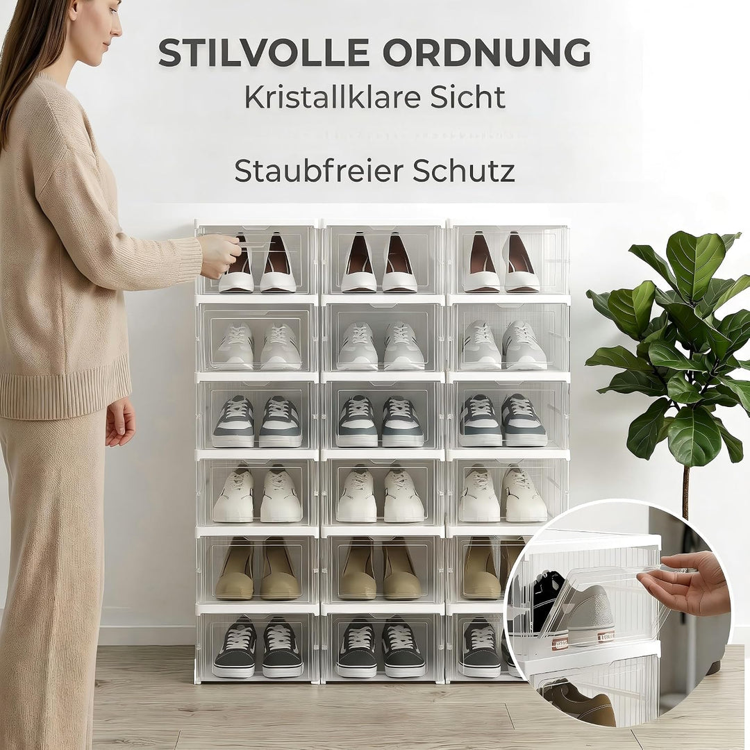 Schuhboxen Stapelbar, 18 Ebenen, Transparent, Faltbar, Dickem Kunststoff, für Sneaker bis Grösse 46,