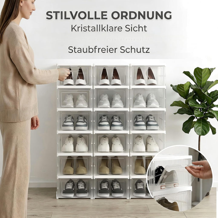 Schuhboxen Stapelbar, 18 Ebenen, Transparent, Faltbar, Dickem Kunststoff, für Sneaker bis Grösse 46,