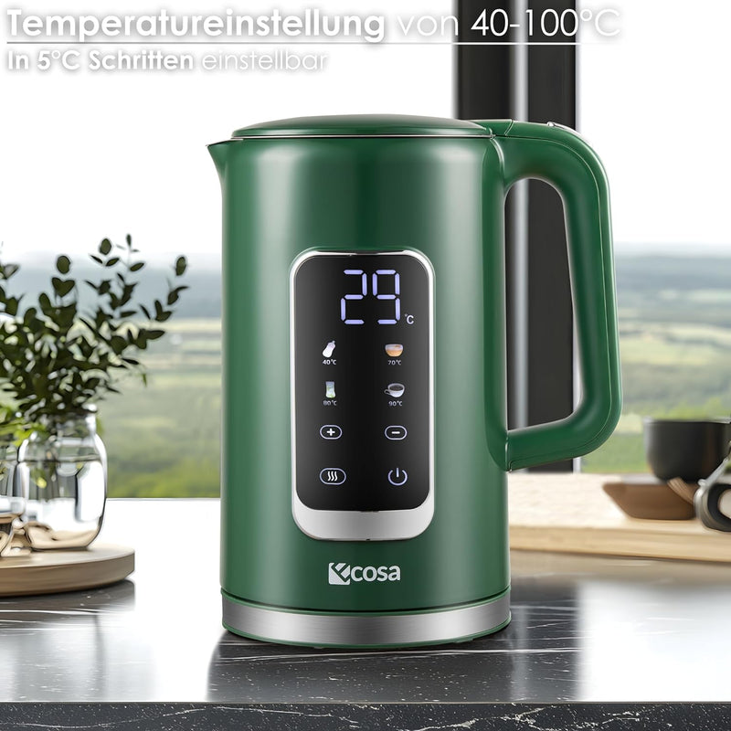 Wasserkocher Edelstahl mit Temperatureinstellung (40°C-100°C) 1,7 Liter 2200 Watt Teekocher 100% BPA