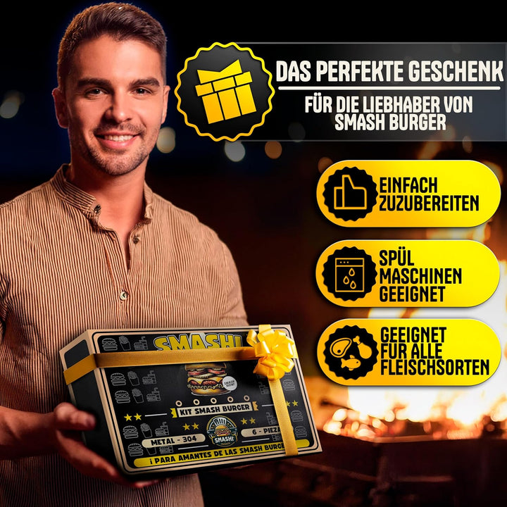 SMASHI® Smash Burger Set Professionell aus Edelstahl 304 – Burgerpresse, 2 Spachtel, Burgerglocke, G