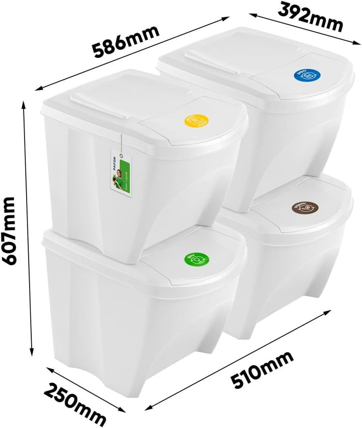 Mülleimer SET Mülltrennsystem 4x25L – Abfalleimer Set mit Deckel und farbigen Aufklebern Recycling B