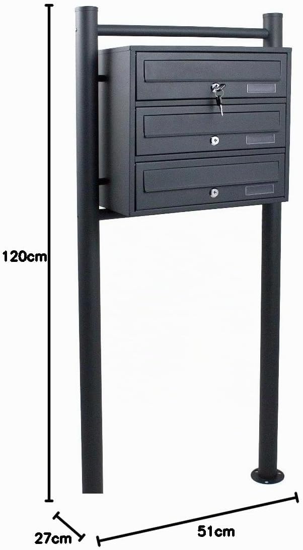 BITUXX® Stand-Briefkastenanlage Postkasten Letterbox Mailbox Doppelt u. Einzel Dunkelgrau (3 Fächer)