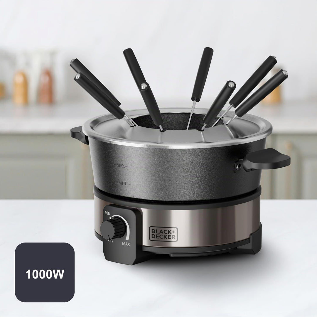 Black+Decker - Elektrisches Fondueset BXFC1000E | 1000W | Thermostat bis 200°C | 2L Fassungsvermögen