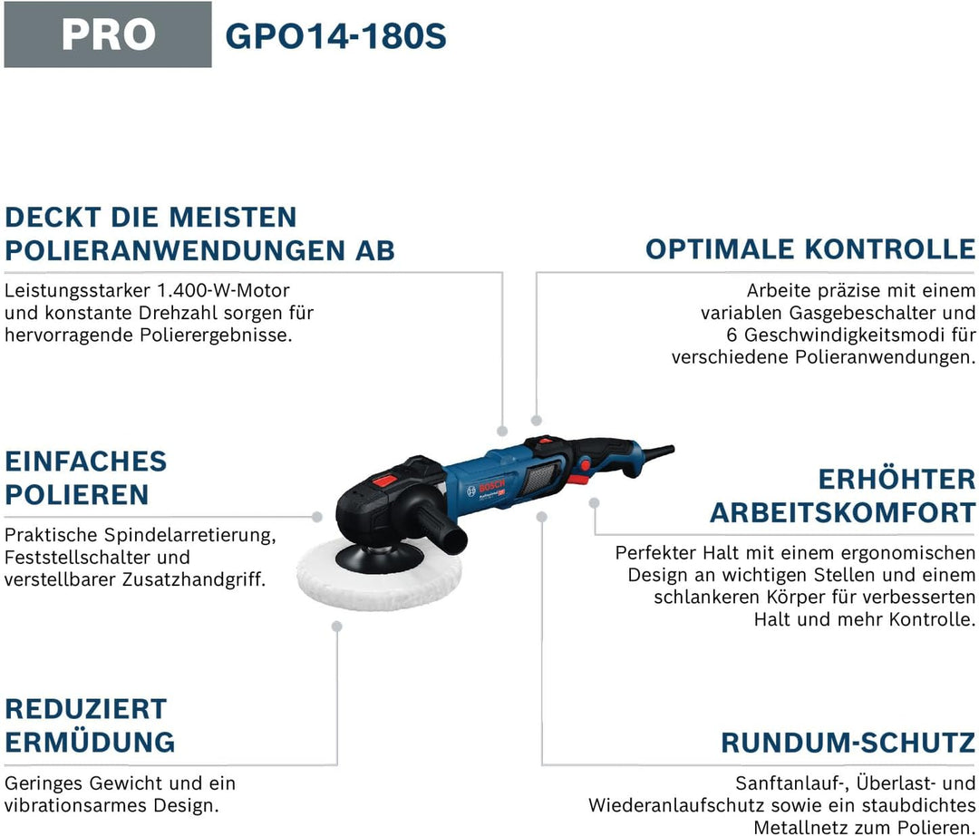 Bosch Professional kabelgebundener Polierer GPO 14-180 S (1400 W, 6 Geschwindigkeitsmodi, inkl. Zusa