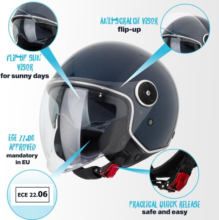 VINZ Tobia Jethelm mit Doppelvisier | Roller Helm Fashionhelm | In Gr. XS-XXL | Jet Helm mit Sonnenb