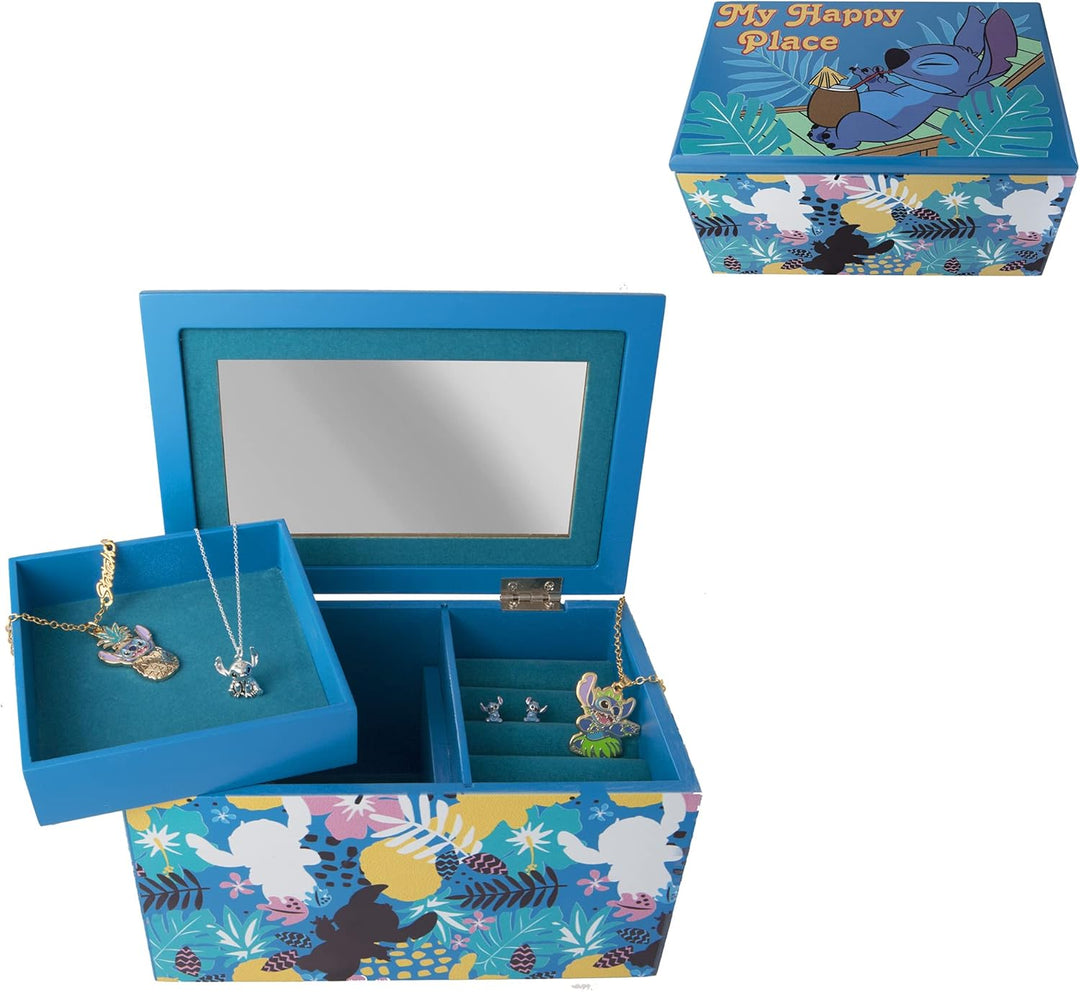 Disney Lilo and Stitch "My Happy Place" Silk Screen Print Blue Jewelry Box Jewelry Organizer, Offici