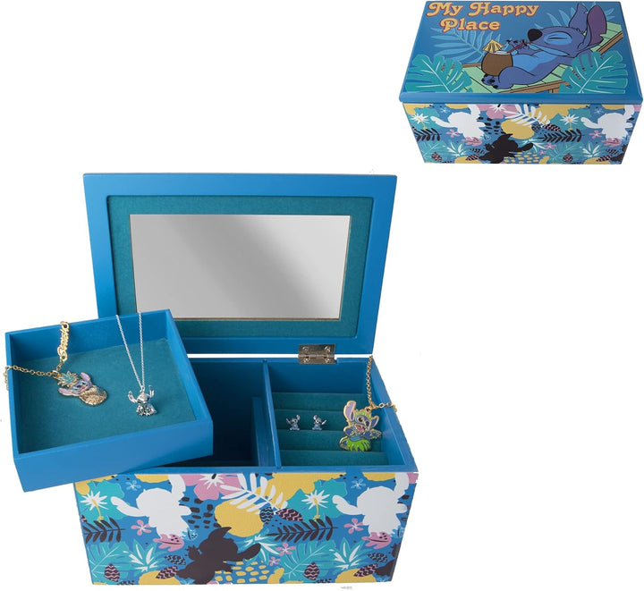 Disney Lilo and Stitch "My Happy Place" Silk Screen Print Blue Jewelry Box Jewelry Organizer, Offici
