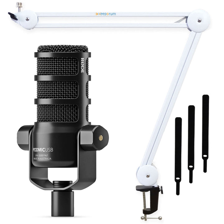 RØDE Podmic USB Sprecher Mikrofon mit XLR und USB-C Anschluss + keepdrum Gelenkarm MS138 Weiss Podmi
