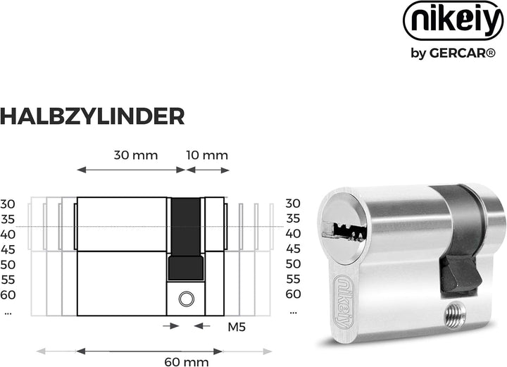 GERCAR Halbzylinder 10/30 Profilzylinder Schliesszylinder Zylinderschloss Türschloss - inkl. 5 Schlü