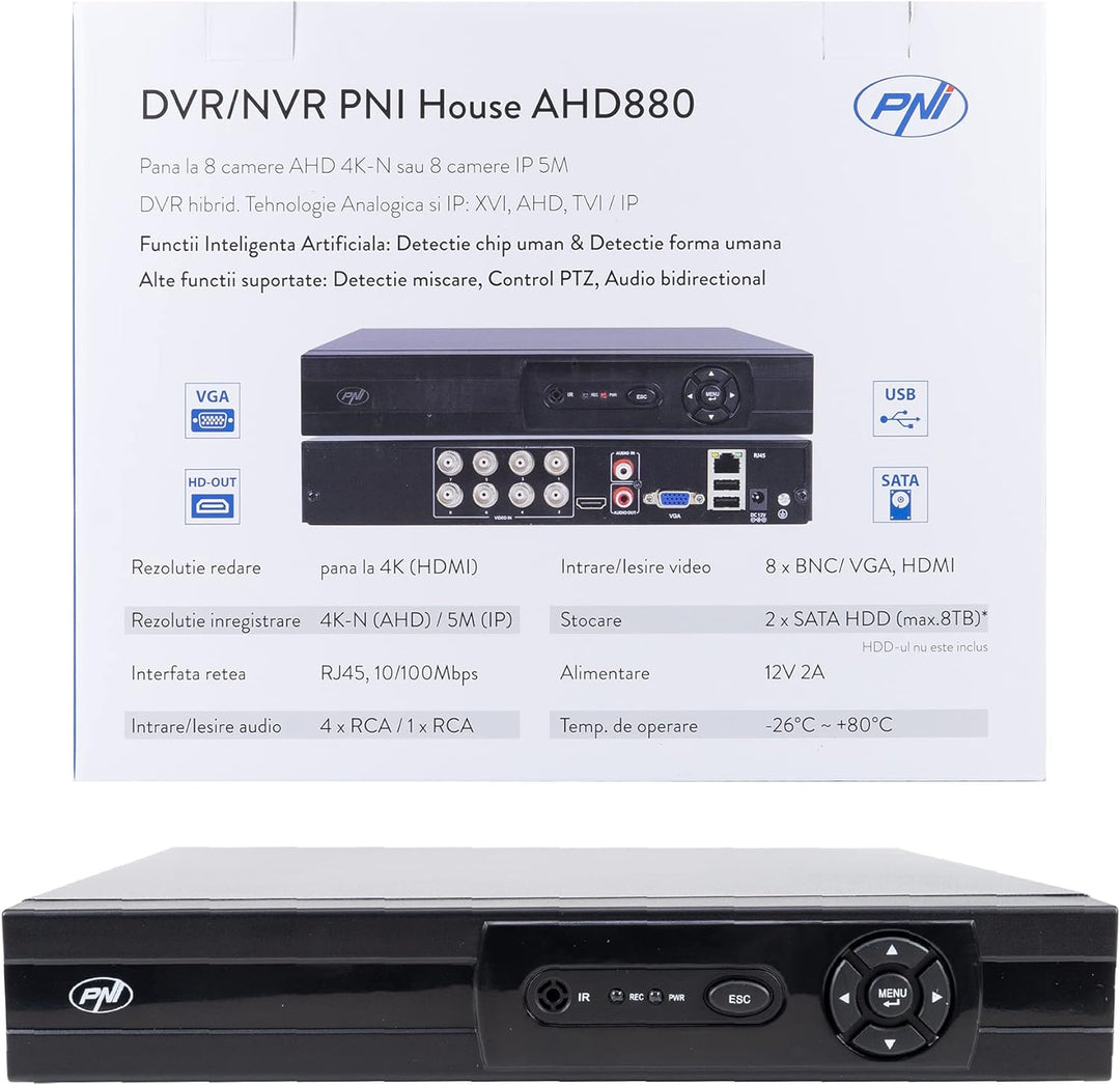 NVR Überwachungssystem Rekorder PNI House AHD880, 8 analoge Kanäle 4K-N oder 8 IP-Kanäle 5MP, H265+,