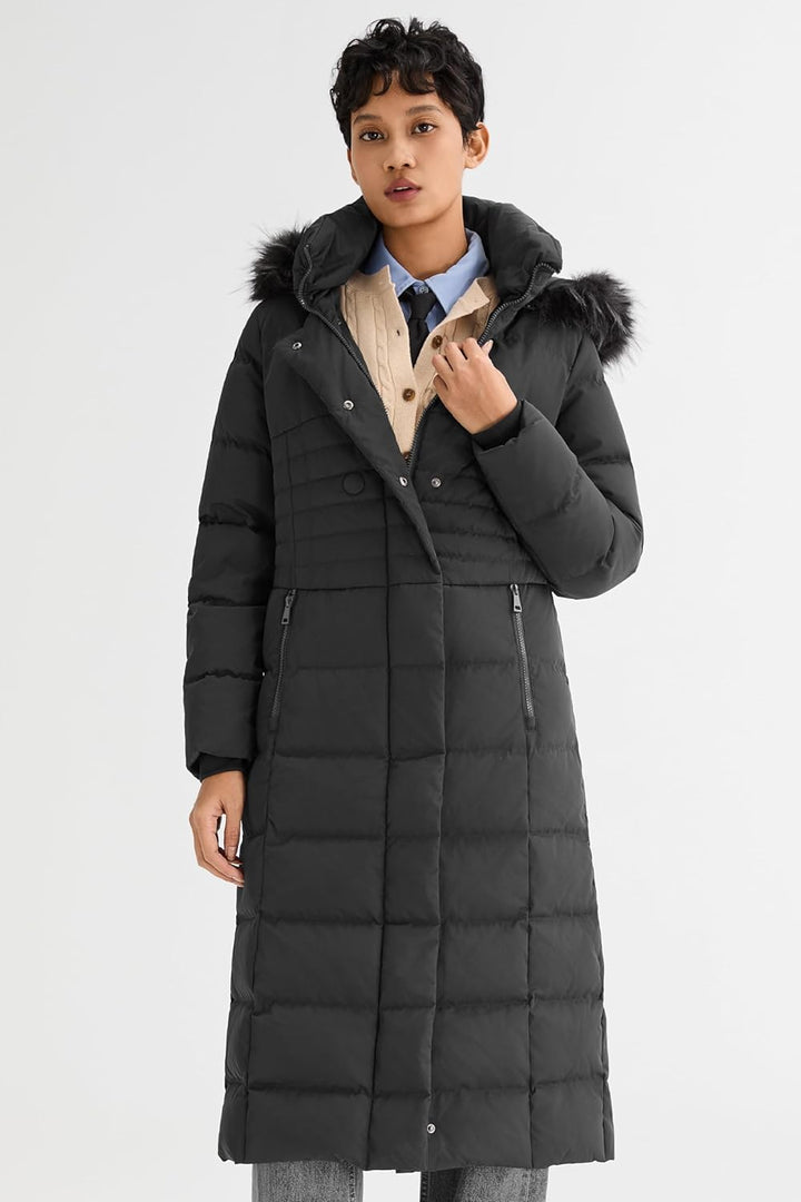 Orolay Damen Daunenjacke mit Langem Pelz-Kapuzenmantel mit Raglanärmeln Schwarz XS, Schwarz XS