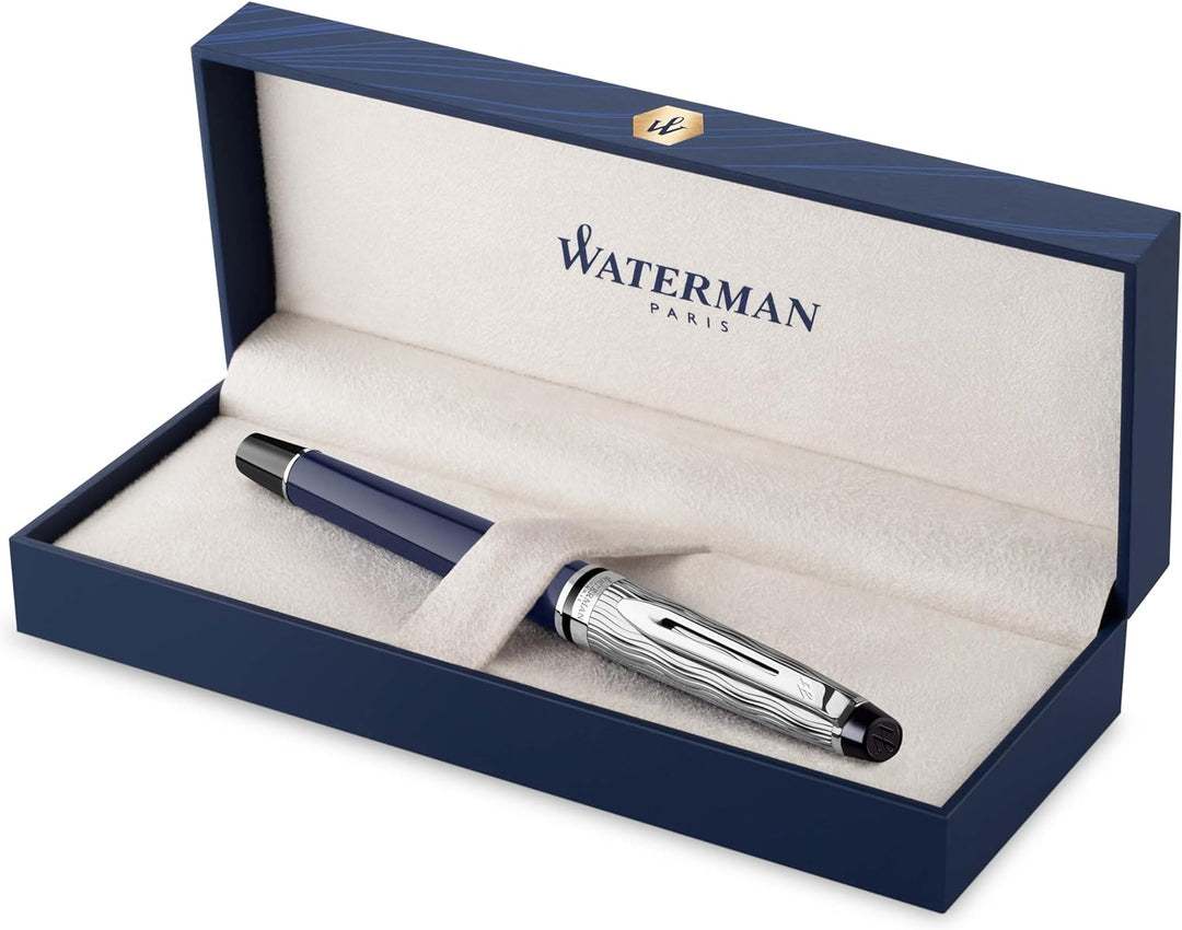 Waterman Expert Tintenroller | Metall und blaue Lackierung | ziselierte Kappe | schwarze Tinte | Ges