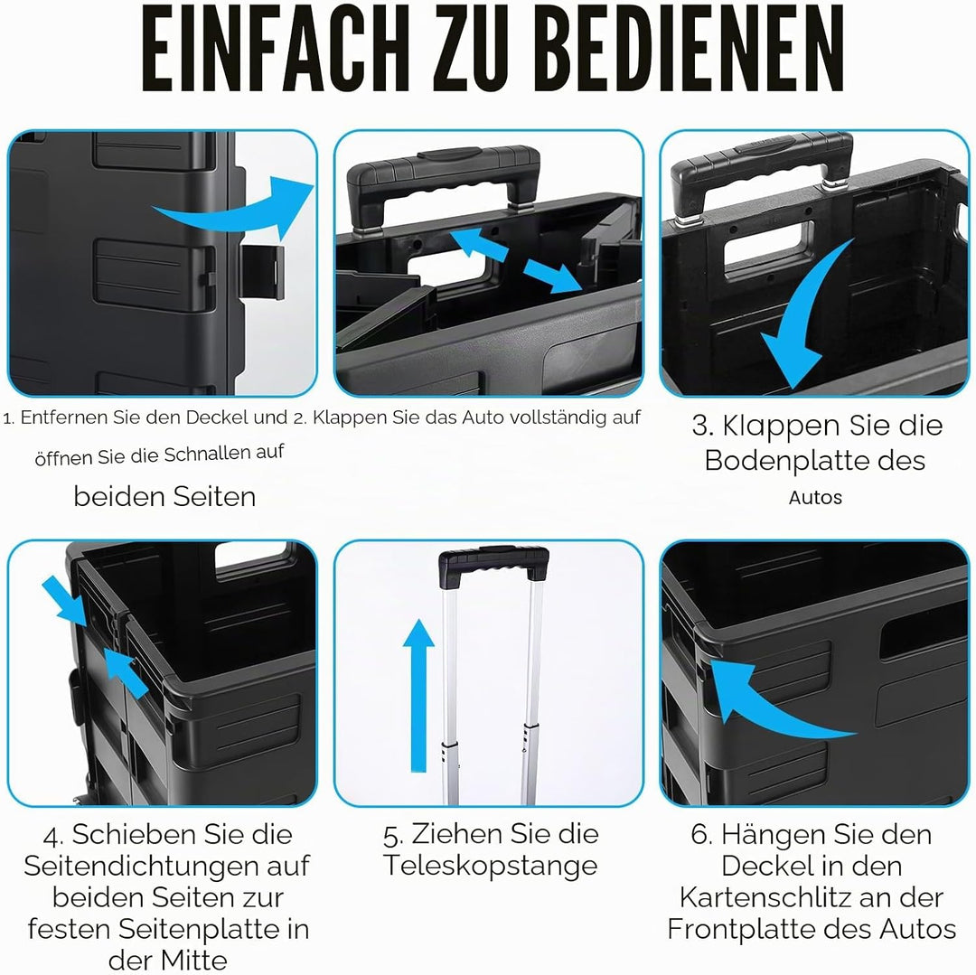 Faltbarer Einkaufstrolley mit Deckel,45 L Volumen, 2 Rollen &amp; höhenverstellbarer Griff, Klappbox mit
