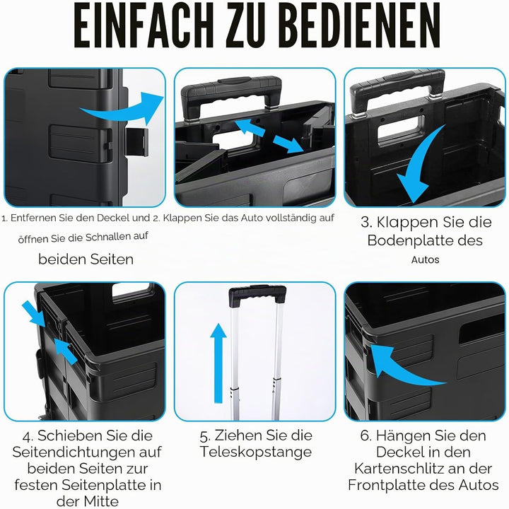 Faltbarer Einkaufstrolley mit Deckel,45 L Volumen, 2 Rollen &amp; höhenverstellbarer Griff, Klappbox mit