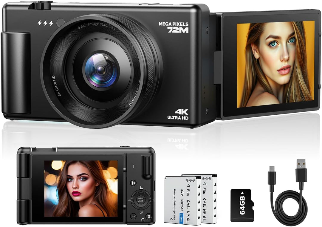4K Digitalkamera, 72MP Autofokus Digital Kamera 2.8" 270° Klappdisplay Vlogging Kamera für YouTube,