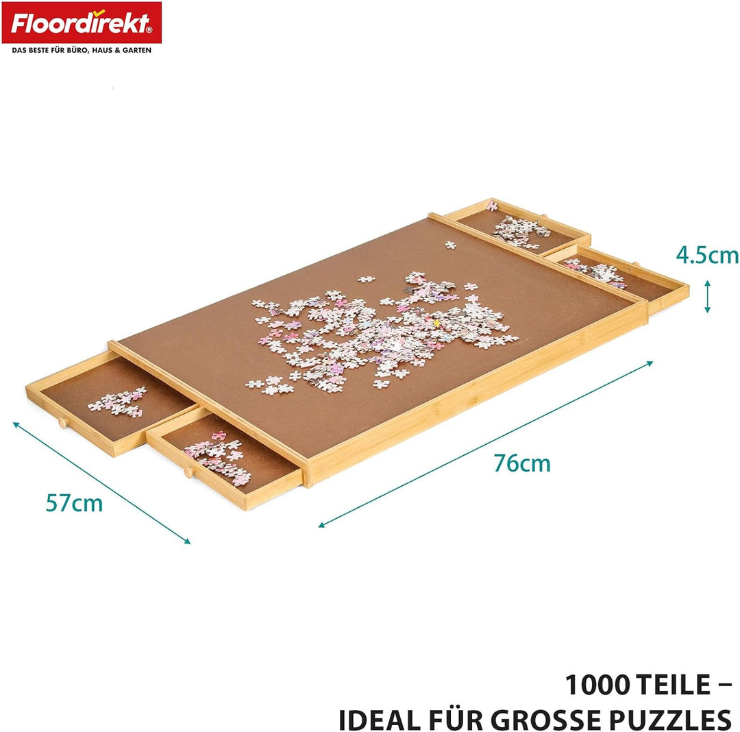 Floordirekt Puzzletisch mit Schubladen, 76x57cm Tragbares puzzlebrett für Puzzle bis 1000 aus Bambus