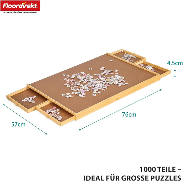 Floordirekt Puzzletisch mit Schubladen, 76x57cm Tragbares puzzlebrett für Puzzle bis 1000 aus Bambus