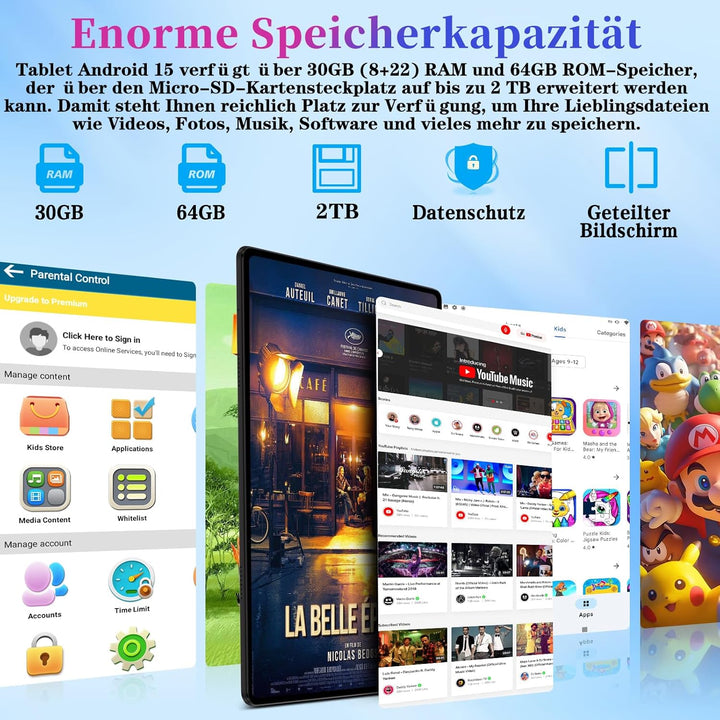 ZIOVO Kinder Tablet 10 Zoll Android 15 mit 30GB RAM+TF 2TB, 5G WiFi, Gemini AI, Octa-Core, Widevine