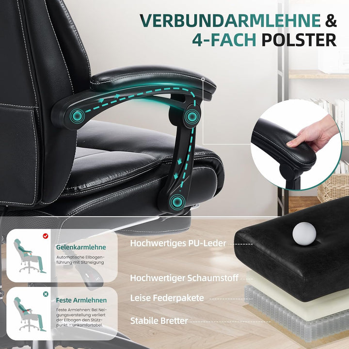 COLAMY Chefsessel Ergonomisch mit Fussstütze, Aufblasbarer Lendenstütze, 117° Kippfunktion, Gepolste