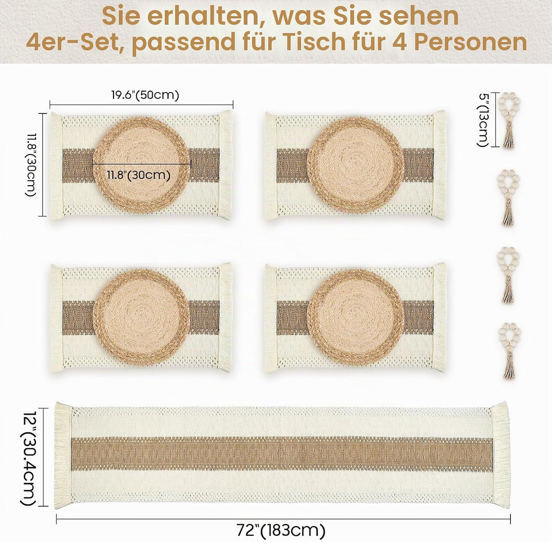 Platzsets mit Platztellern, Tischläufer und Serviettenringen, aus natürlicher Baumwolle, Sackleinen