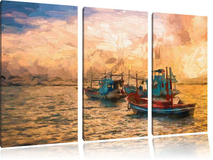 Pixxprint thailändische Fischerboote im Meer als Leinwandbild/Grösse: 3 Teilig (120x80 cm) cm/Wandbi