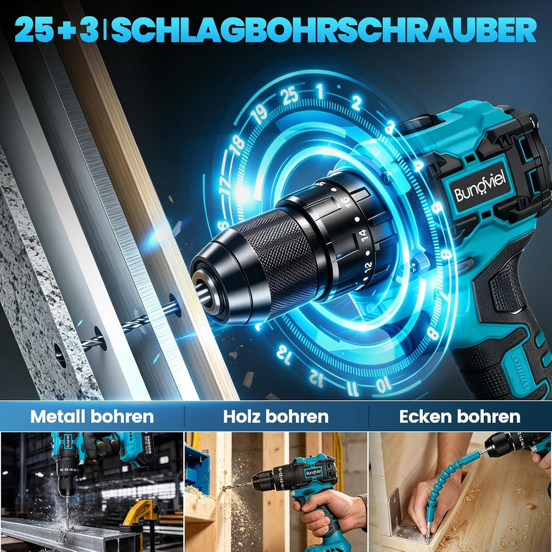 Akkuschrauber/Bohrmaschine Set 25+3 Kompatibel mit Makita 18V Akku, Enthalten 2 Akkus 2.0Ah &amp; Ladege