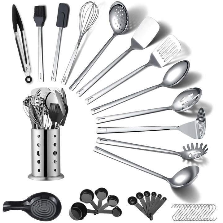Edelstahl Küchenutensilien Set 40 teilig, Kochutensilien Set mit Utensilienhalter, Kochgeschirr Set,